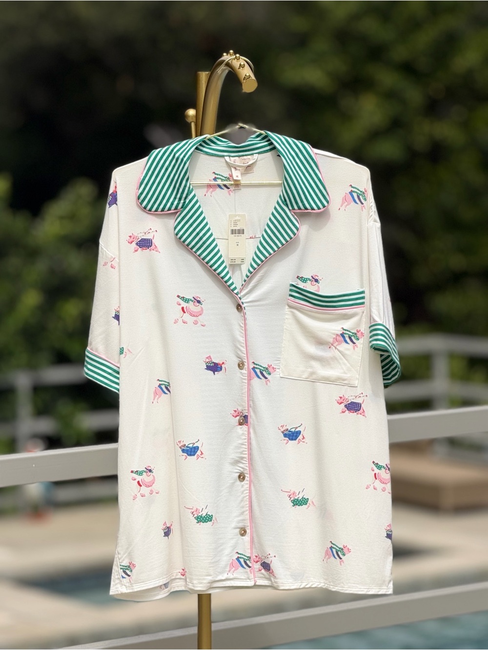 Anthropologie LyreBird White Tee with Green Striped Collar and Multicolor Print